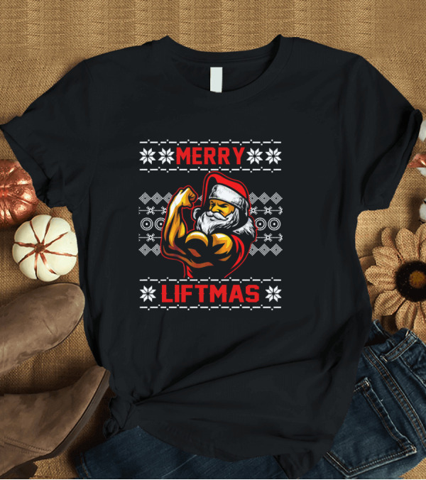 T-Shirt: Merry Liftmas Ugly ChristmasGym Santa Claus Muscles Flexing Festive Snowflakes T-Shirt Merry Liftmas Ugly ChristmasGym Santa Claus Muscles Flexing Festive Snowflakes T-Shirt