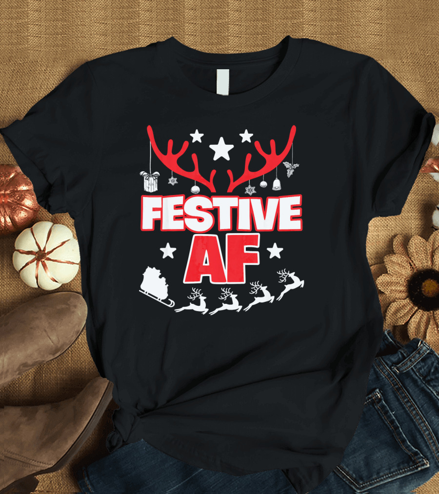 Festive AF Antlers Reindeer Stars Christmas Sled T-Shirt