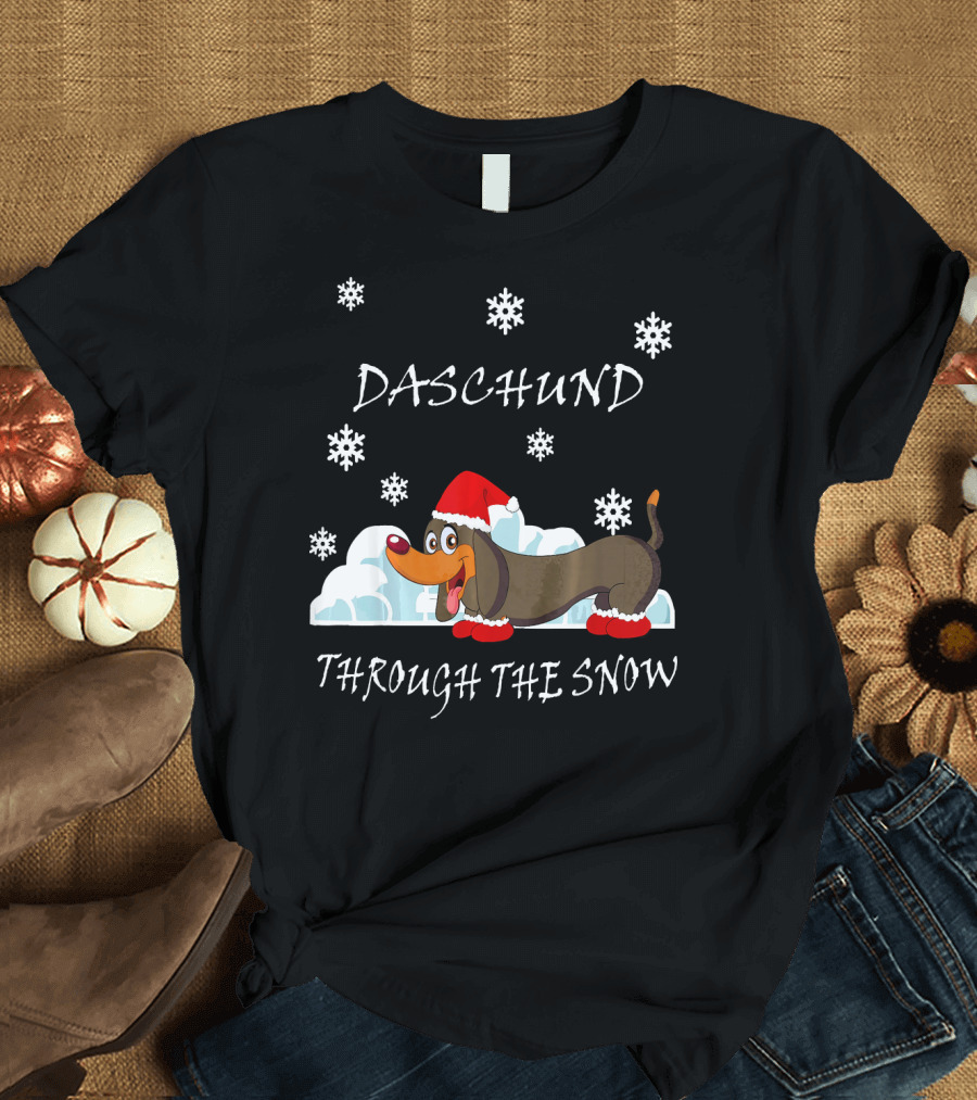 Daschund Through the Snow Santa Hat Snowflakes T-Shirt