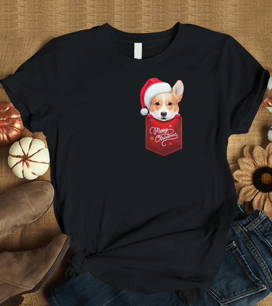 Merry Christmas Welsh Corgi in Santa Hat Pocket T-Shirt