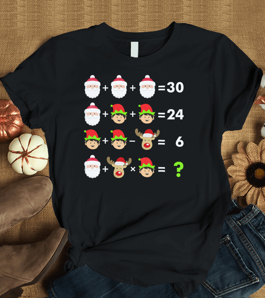 Math Teacher Christmas Puzzle Equation with Santa Elf Reindeer T-Shirt