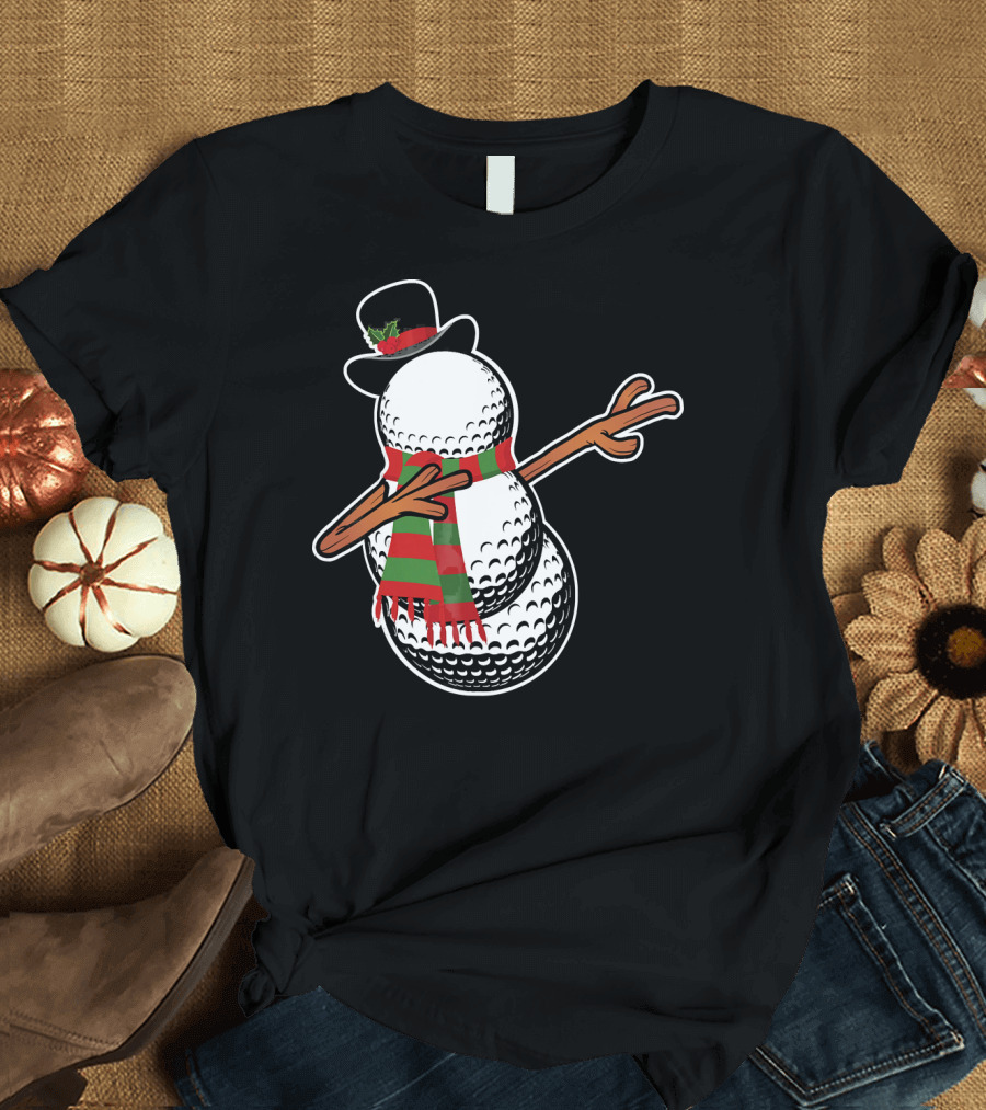 Dabbing Golf Snowman Christmas Hat and Scarf T-Shirt