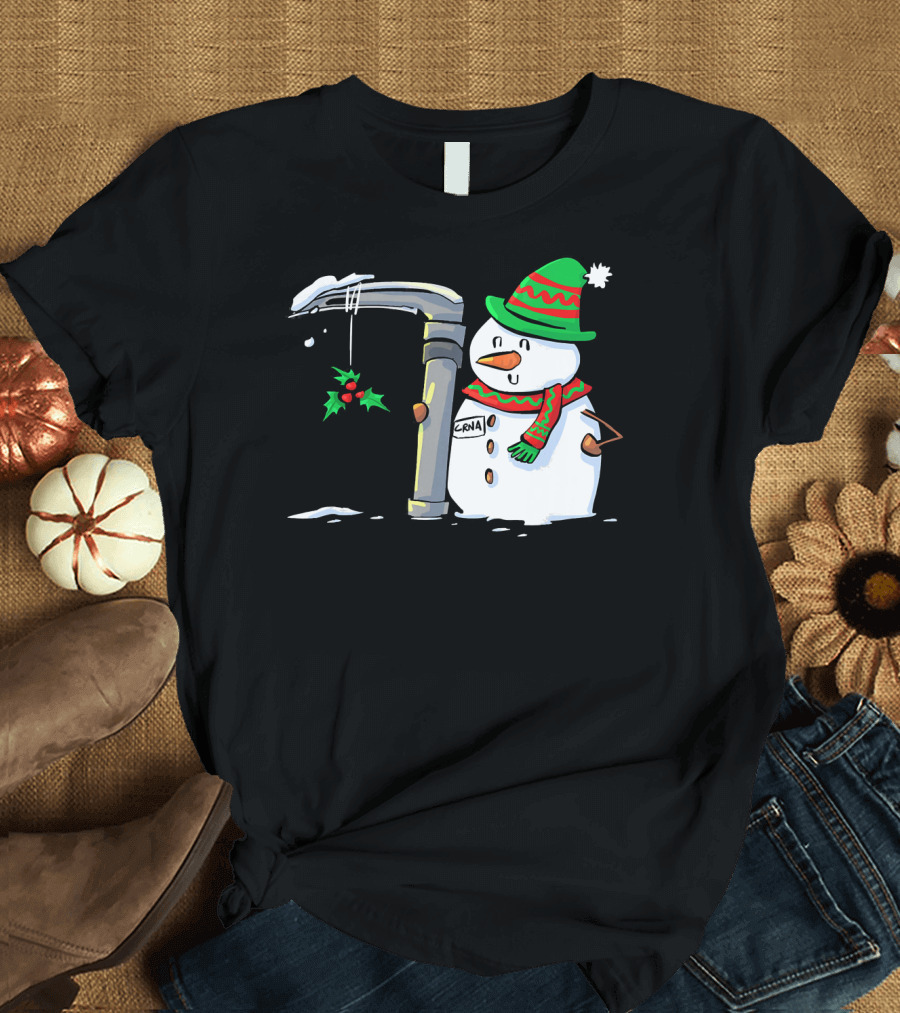 Snowman with Mac 3 Anesthesia Wearing Holiday Hat and Scarf with Holly Decor T-Shirt