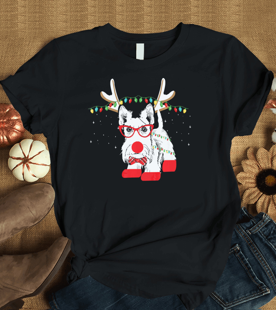 Scottie Dog Christmas Reindeer Lights and Bow Tie T-Shirt