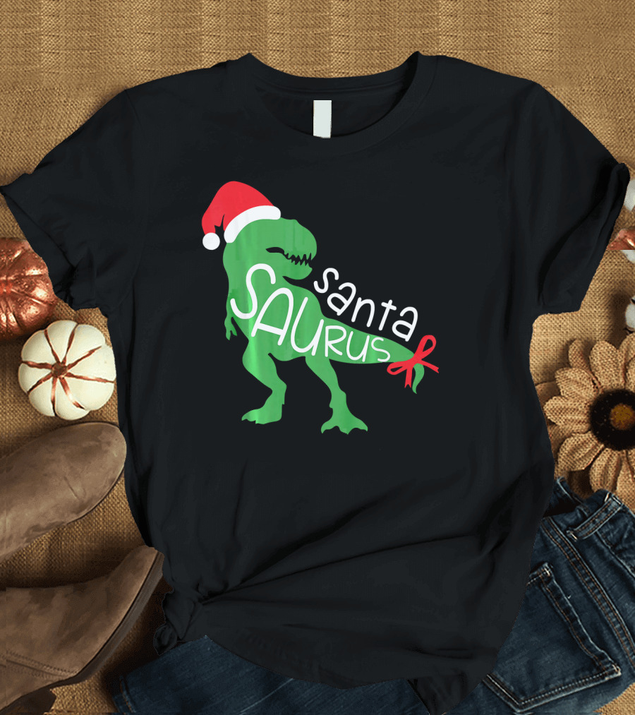 T Rex Dinosaur Santa Saurus Merry Funny Christmas Hat T-Shirt
