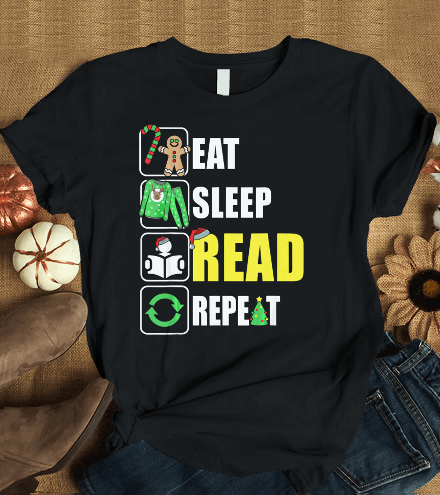 Eat Sleep Read Repeat Christmas Gingerbread Candy Cane Sweater Book Tree T-Shirt