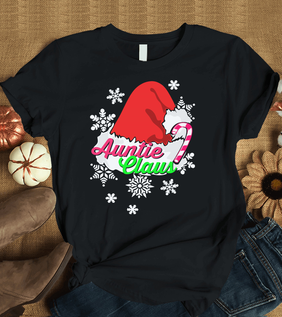 Auntie Claus Christmas Candy Cane Snowflakes Santa Hat T-Shirt