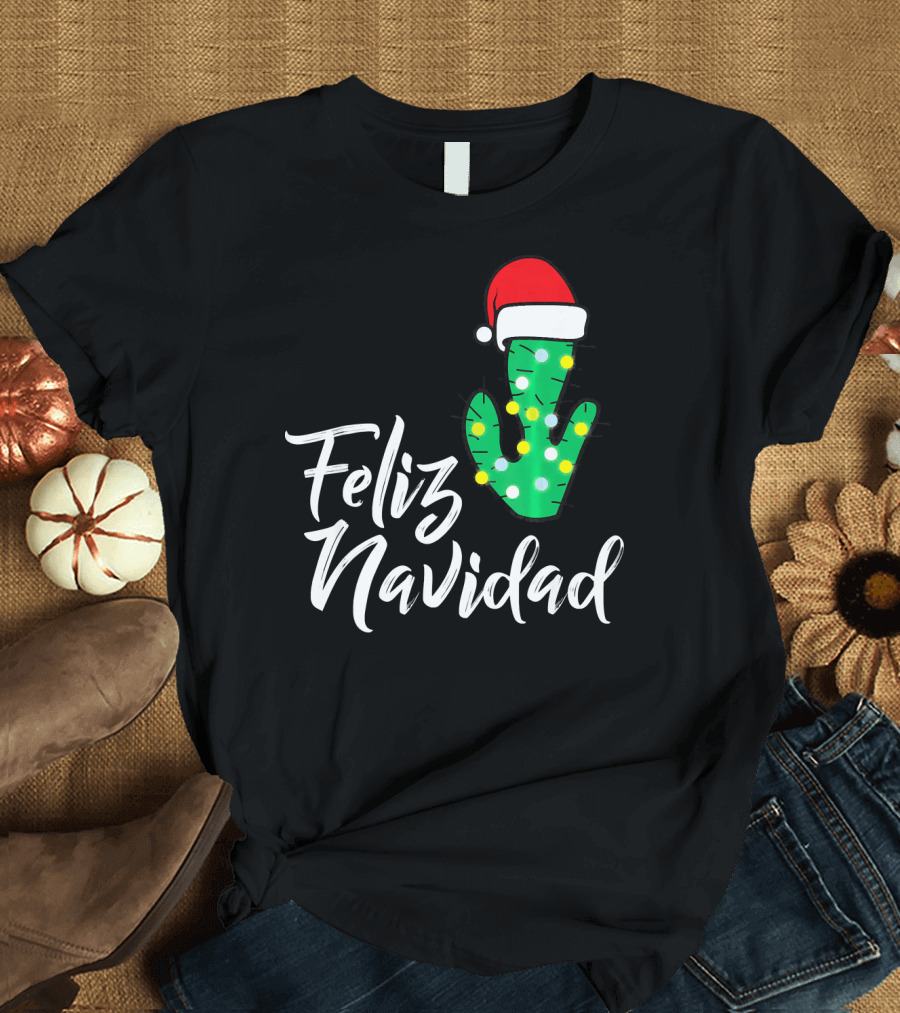 Feliz Navidad Cactus with Santa Hat and Christmas Lights T-Shirt