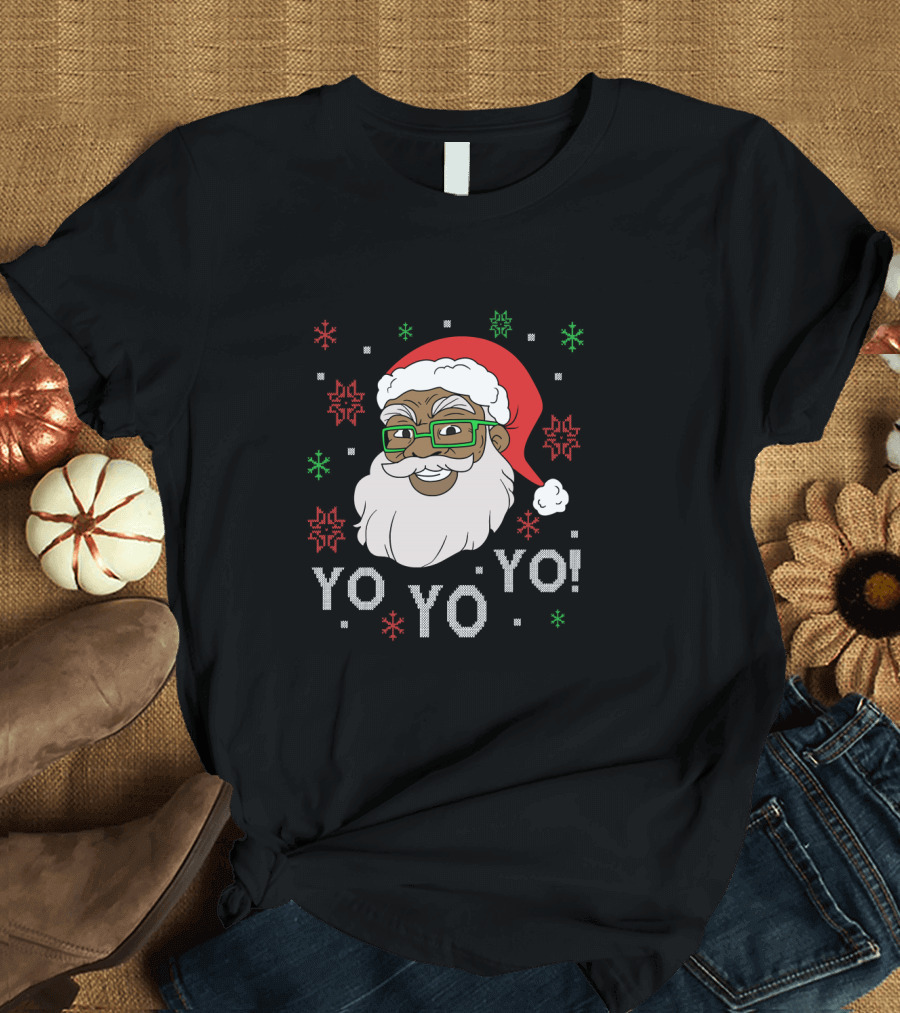 Yo Yo Yo Fun Black Santa Claus Christmas Snowflakes Glasses T-Shirt
