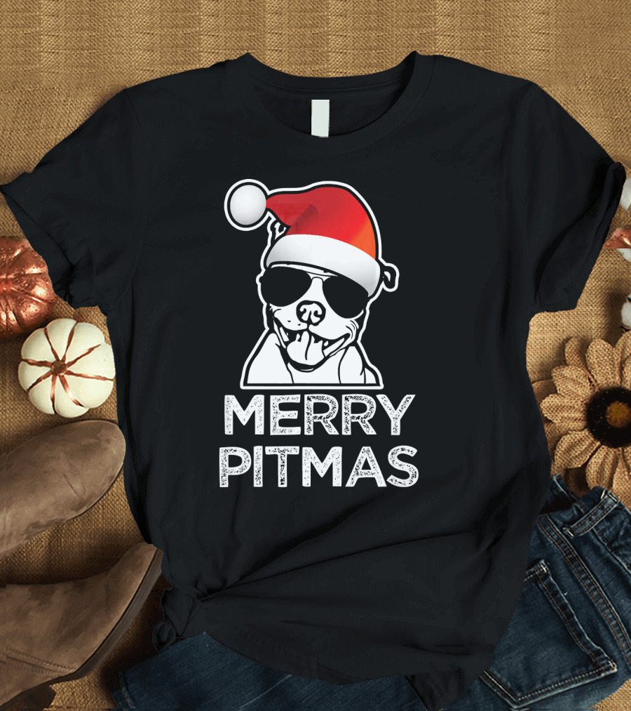 Merry Pitmas Funny Christmas Pitbull with Santa Hat and Sunglasses T-Shirt