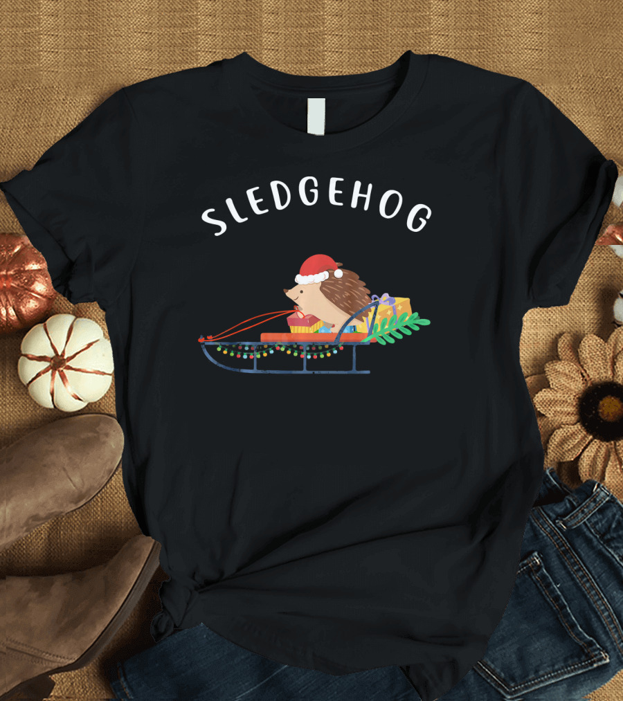 Sledgehog Santa Hedgehog on Christmas Sled with Presents T-Shirt