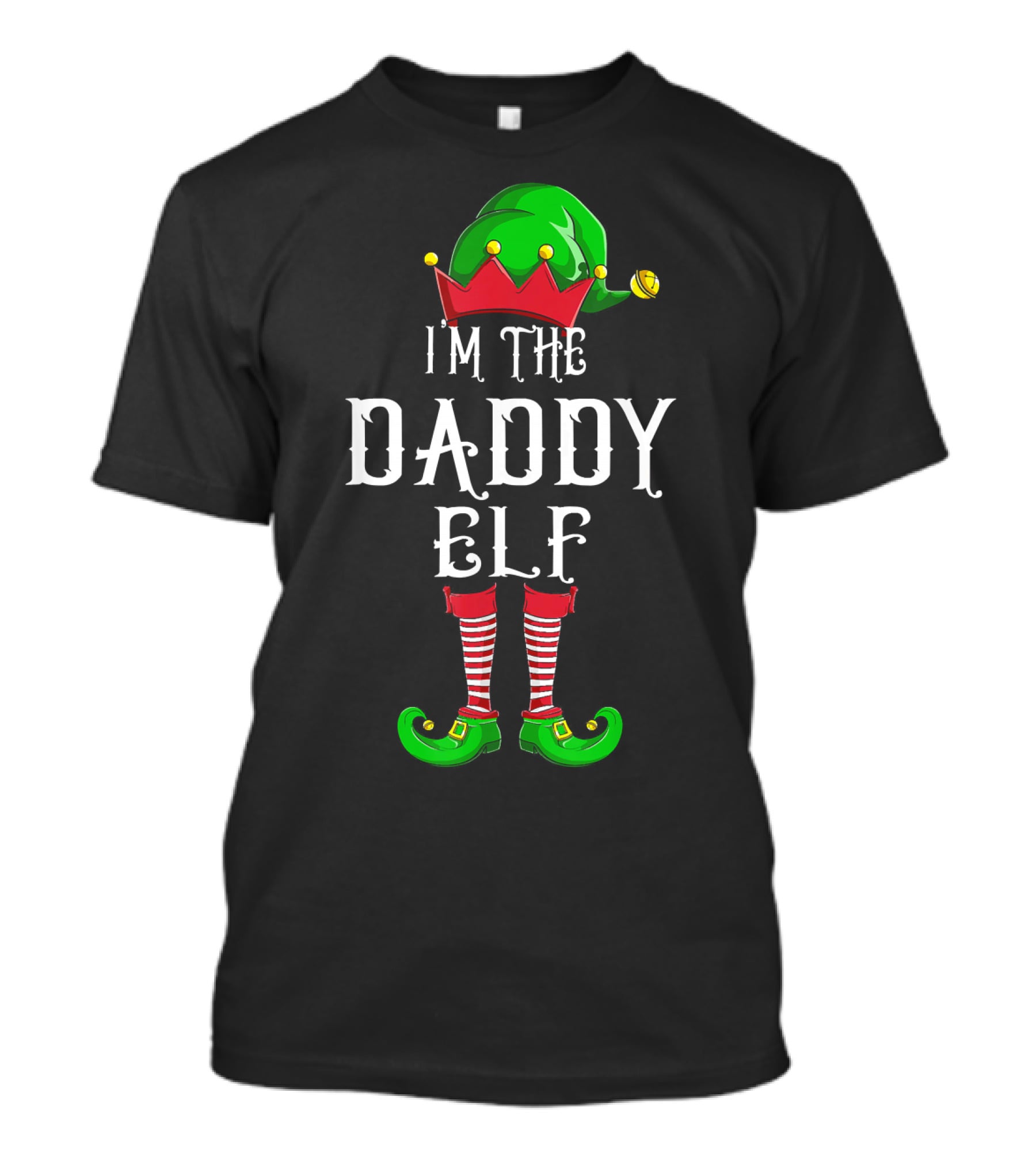 I'm The Daddy Elf Christmas Costume Green Hat Red White Striped Socks T-Shirt