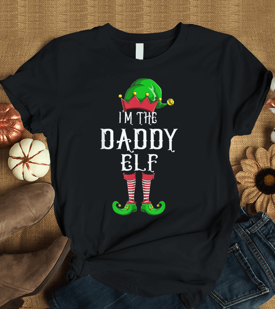 I'm The Daddy Elf Christmas Costume Green Hat Red White Striped Socks T-Shirt