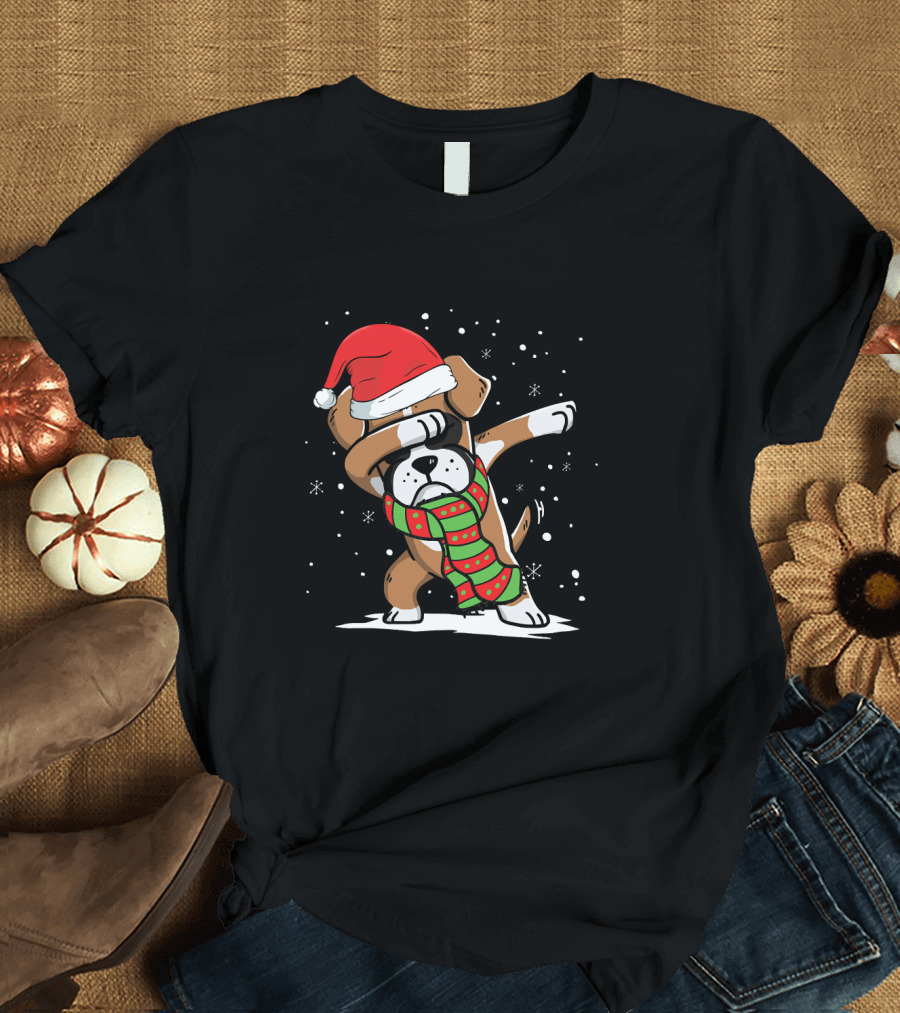 Santa Hat Dabbing Boxer with Christmas Scarf T-Shirt