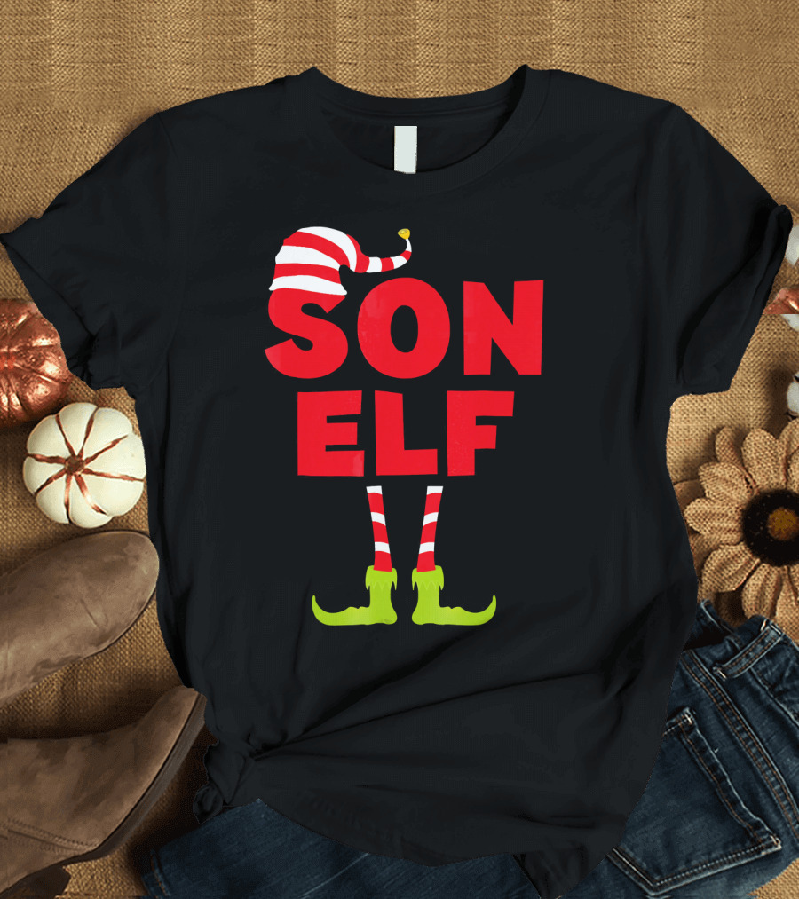 Son Elf Matching Christmas Costume Striped Hat and Socks T-Shirt