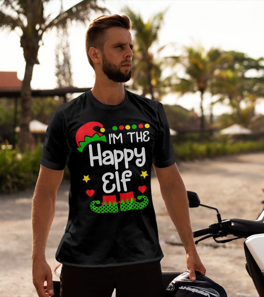 I'm The Happy Elf Christmas Hat Stars Hearts Dots T-Shirt