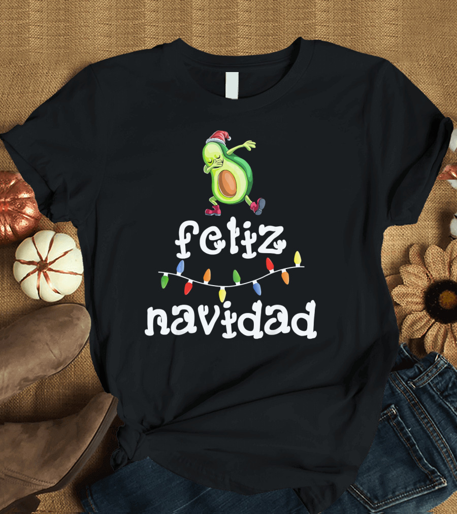 Feliz Navidad Avocado Dabbing with Christmas Lights T-Shirt