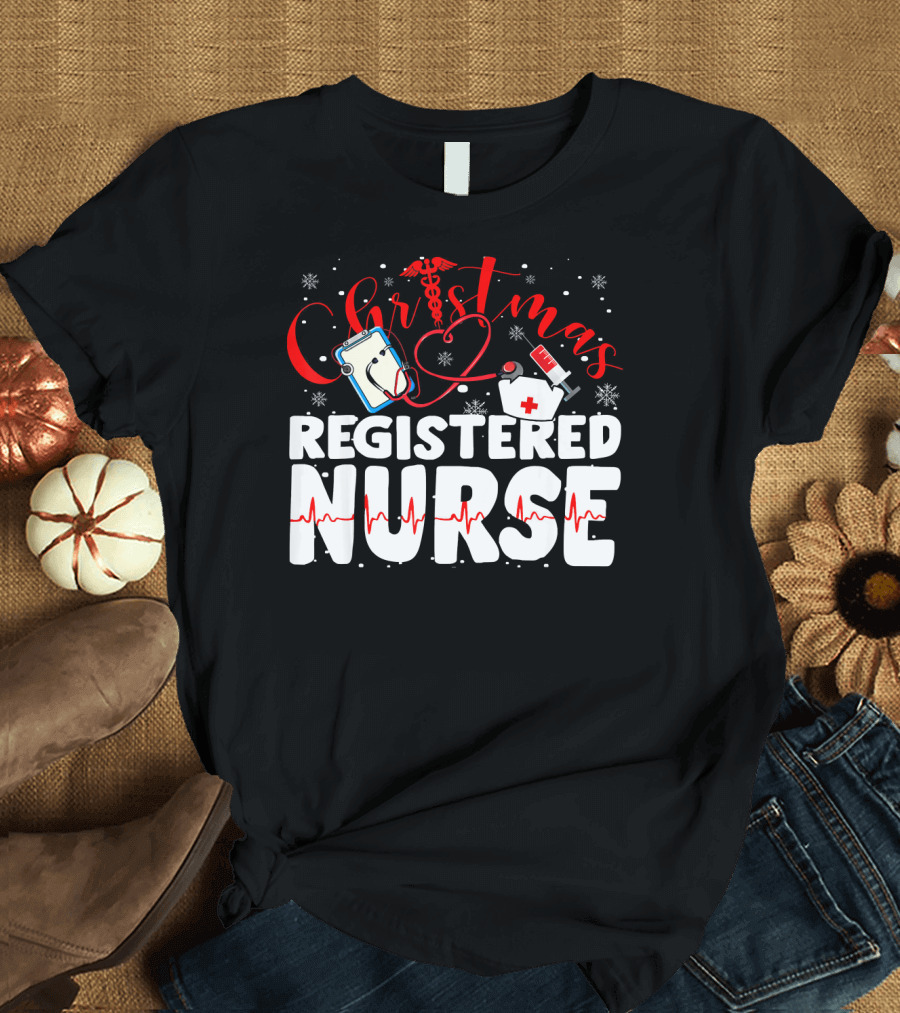 Christmas Registered Nurse with Medical Icons and Heartbeat T-Shirt