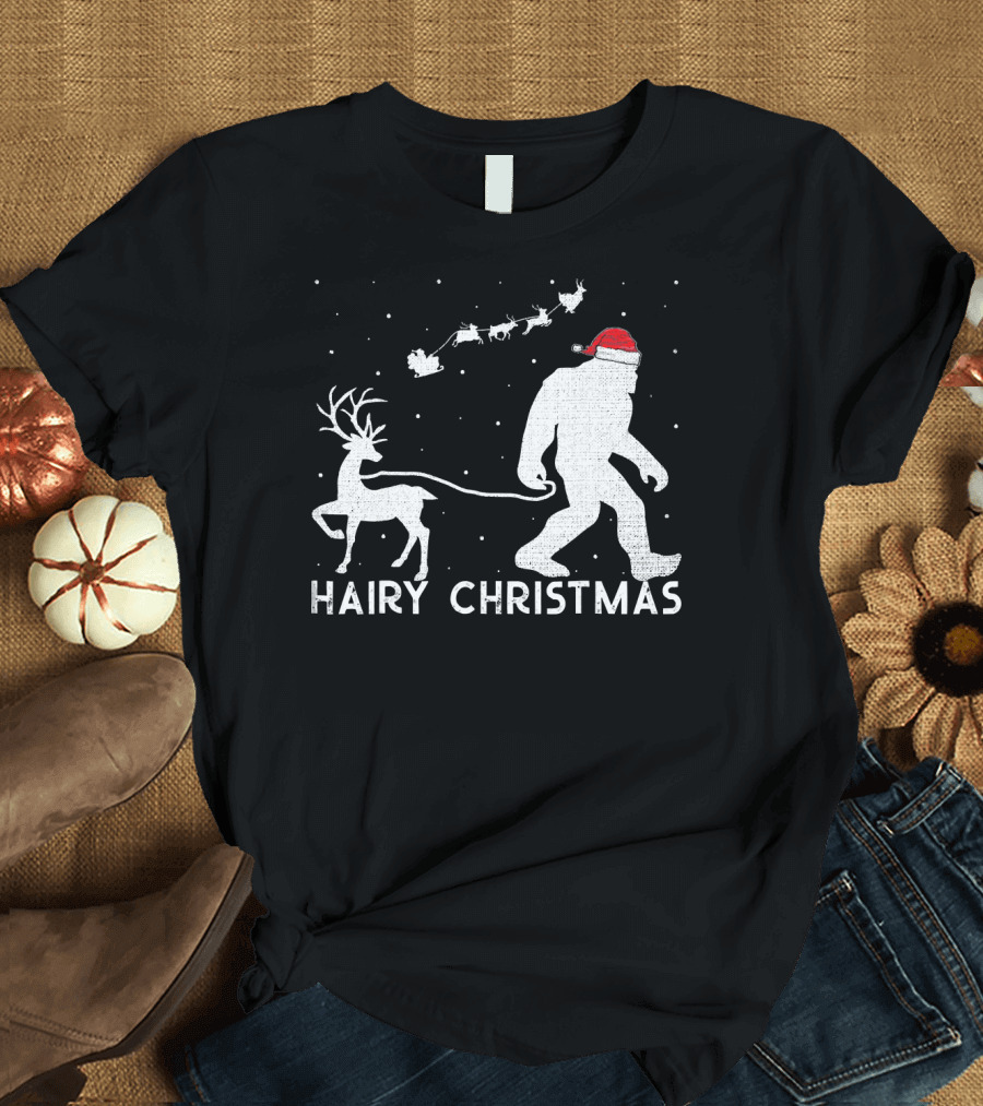 Hairy Christmas Bigfoot Santa Reindeer Snow Scene T-Shirt