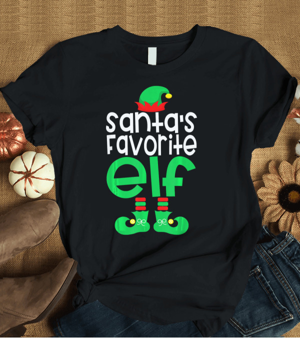 T-Shirt: Santa's Favorite Elf Festive Outfit with Hat and Shoes T-Shirt Santa's Favorite Elf Festive Outfit with Hat and Shoes T-Shirt