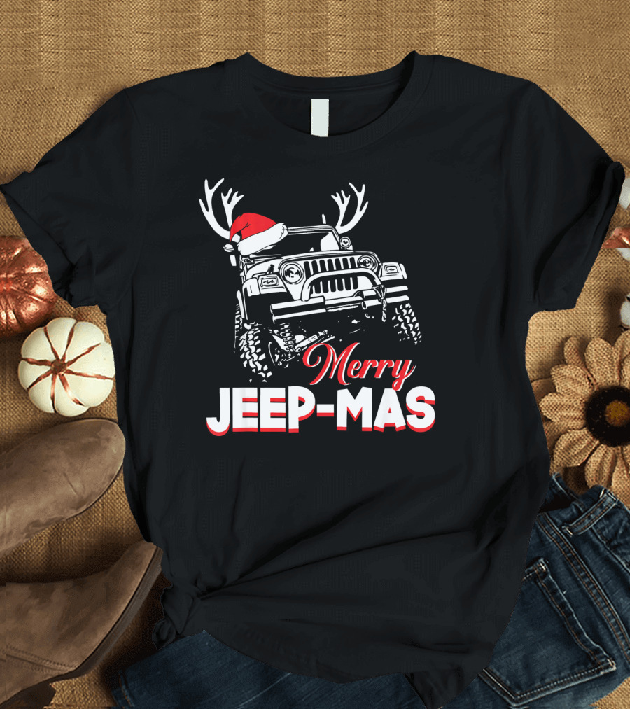 Merry Jeep-Mas Funny Jeep With Santa Hat And Reindeer Antlers T-Shirt