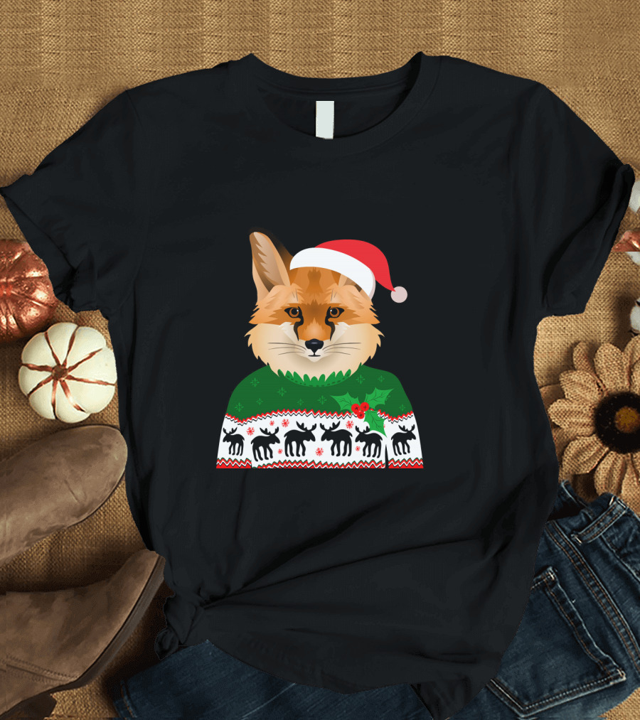 Long Sleeve Fox Ugly Christmas Sweater Santa Hat T-Shirt