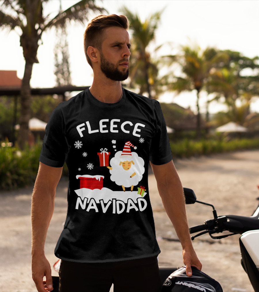 Fleece Navidad Sheep With Santa Hat And Gift Chimney Snowflakes T-Shirt