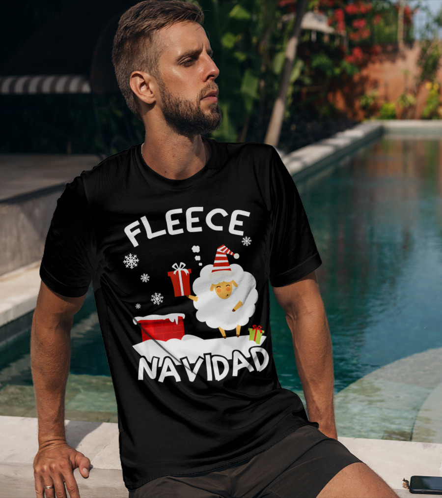 Fleece Navidad Sheep With Santa Hat And Gift Chimney Snowflakes T-Shirt