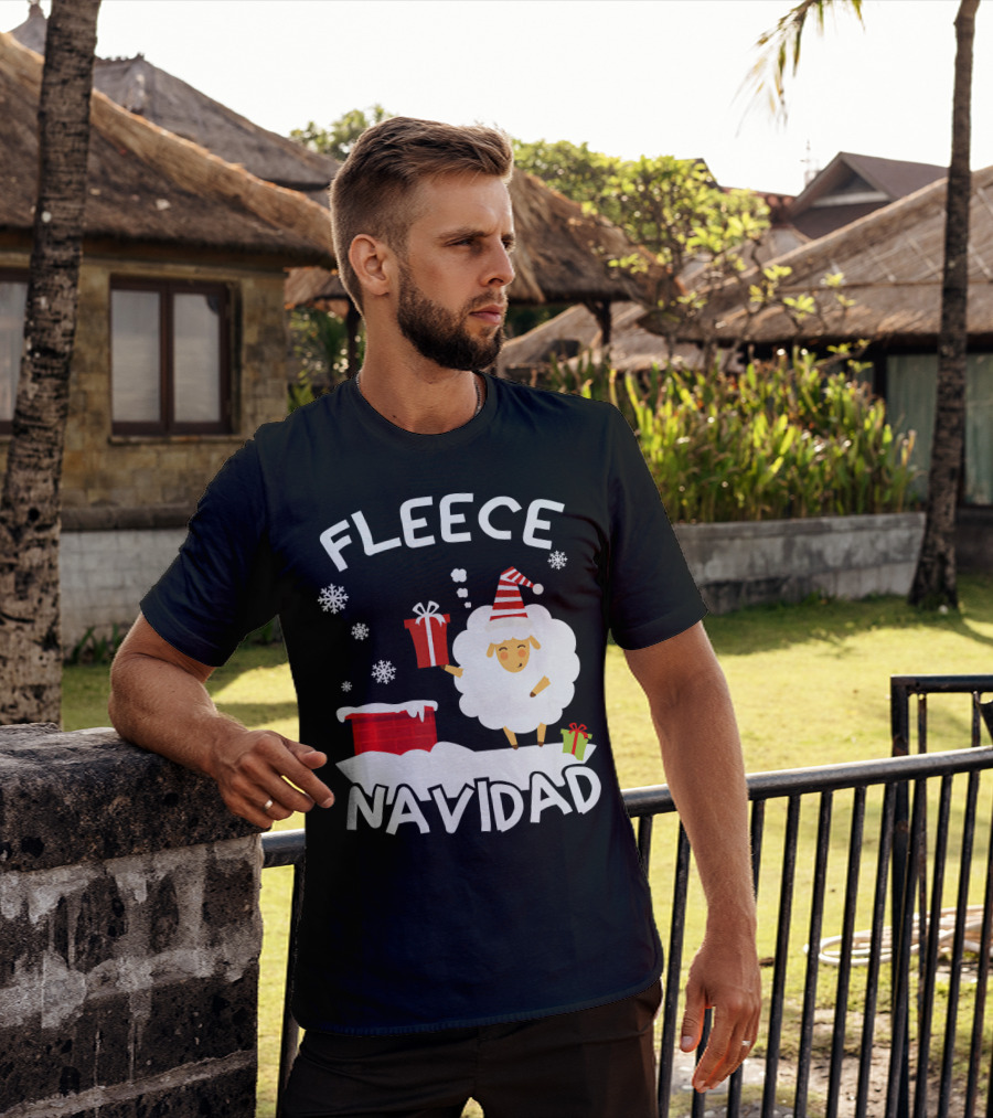 Fleece Navidad Sheep With Santa Hat And Gift Chimney Snowflakes T-Shirt