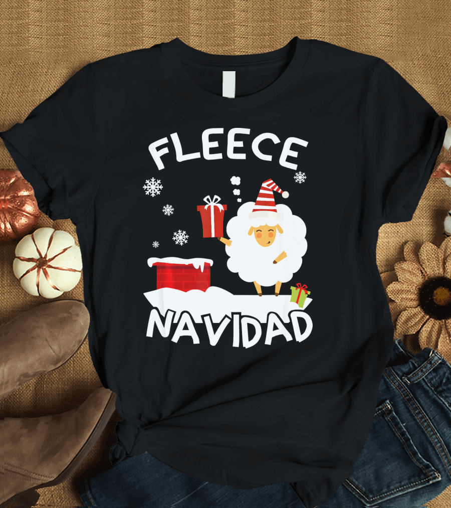 Fleece Navidad Sheep with Santa Hat and Gift Chimney Snowflakes T-Shirt