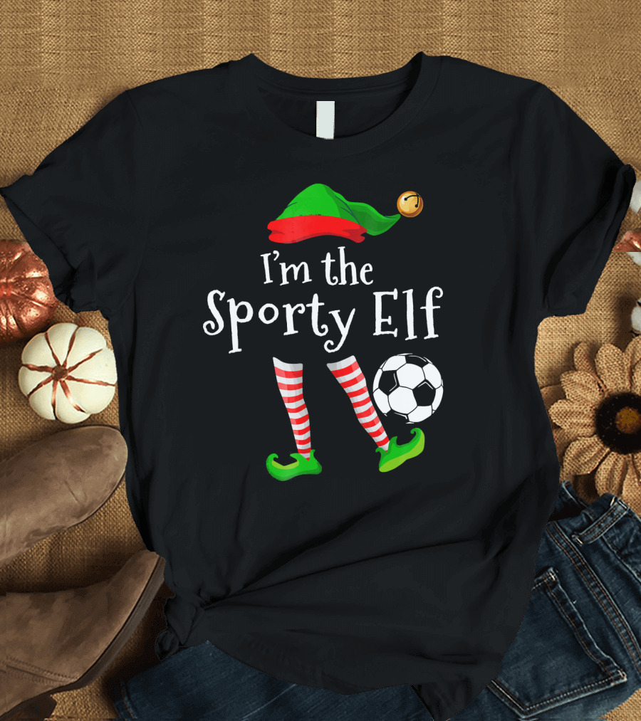 I'm the Sporty Elf Soccer Player Festive Holiday Striped Socks and Green Shoes with Soccer Ball T-Shirt