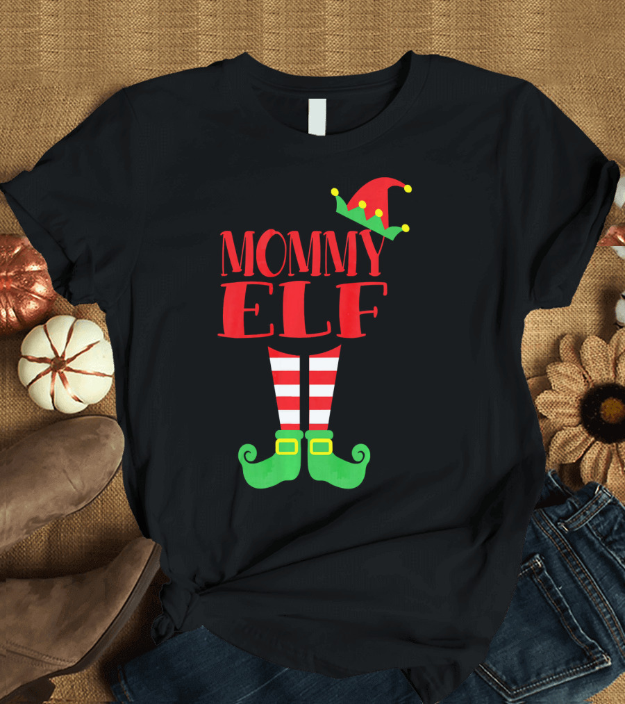Mommy ELF Christmas Hat and Striped Socks Festive Season T-Shirt