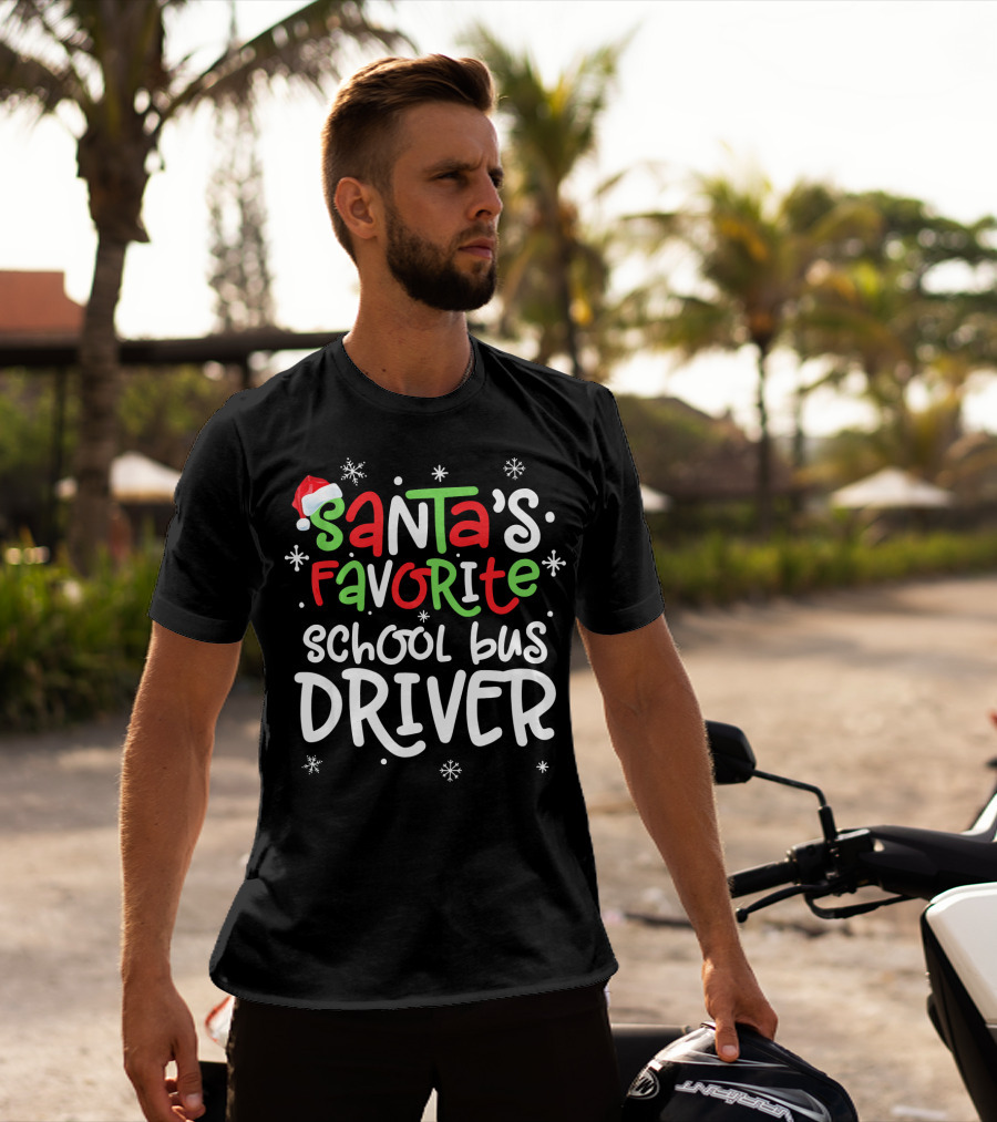 Santa's Favorite School Bus Driver Christmas Snowflakes T-Shirt