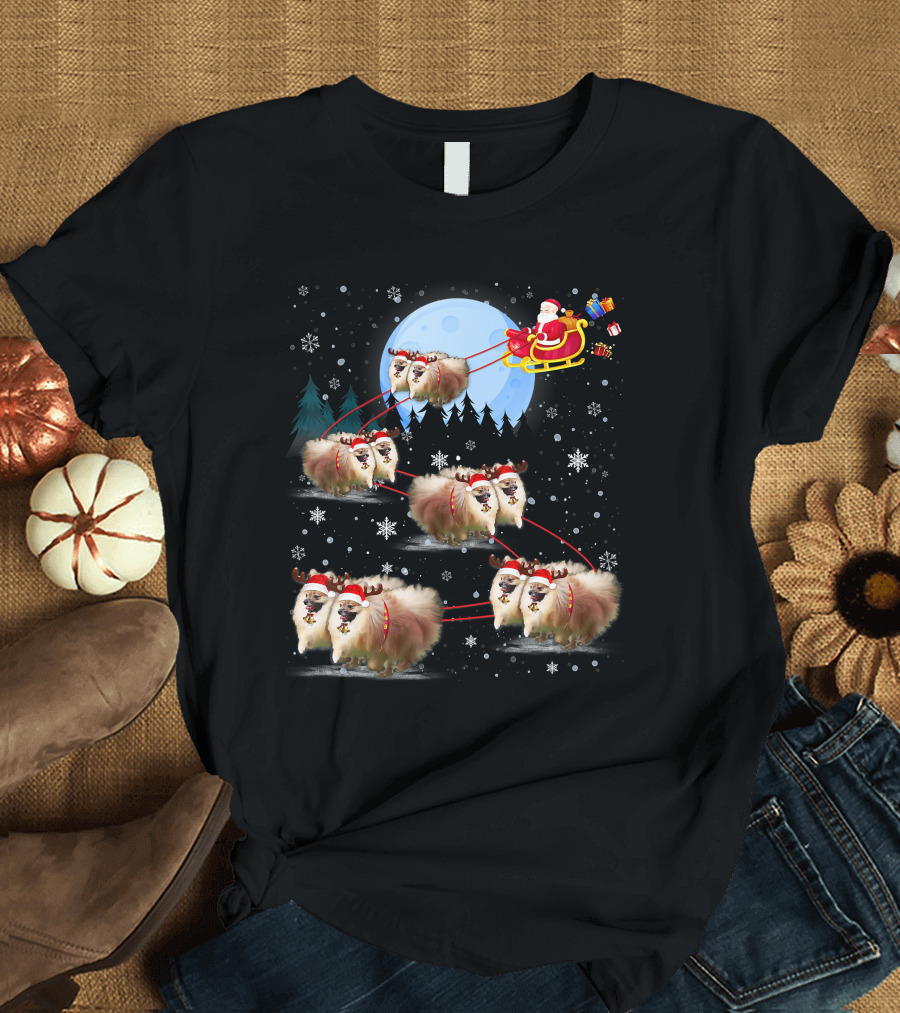 Pomeranian Reindeer Santa Sleigh Christmas Under Moonlight T-Shirt