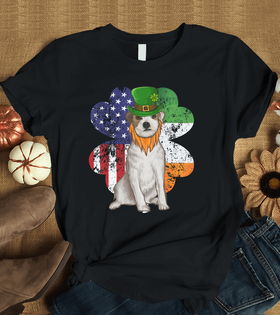 Irish American Parson Terrier Wearing Leprechaun Hat with USA and Ireland Flags Shamrock St. Patrick's Day T-Shirt