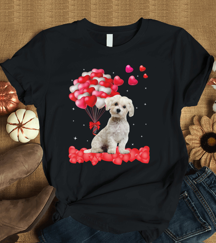 Maltese Puppy Surrounded by Heart Balloons Valentine's Day T-Shirt