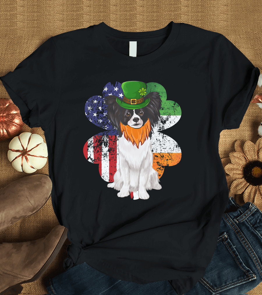 St Patricks Day Irish American Flag Papillon Dog with Leprechaun Hat and Shamrock T-Shirt