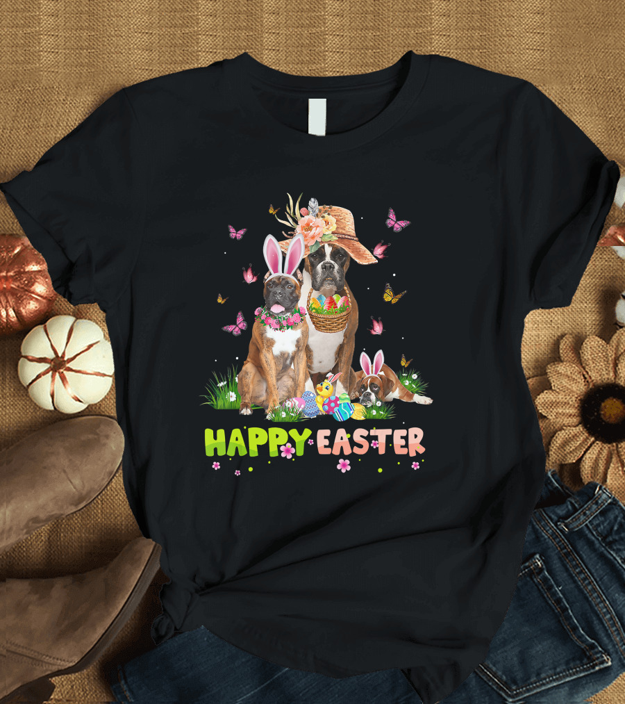 Boxer Dog Happy Easter Bunny Hat Eggs Butterflies T-Shirt