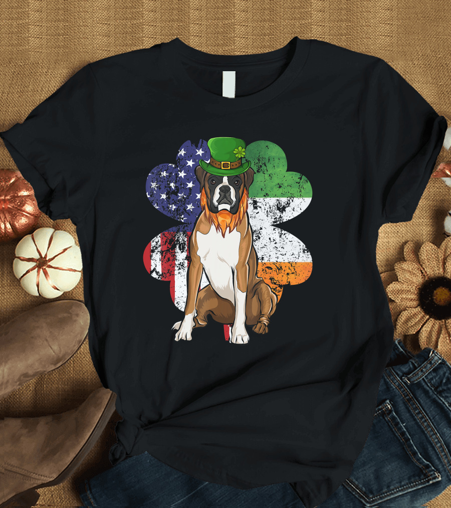 St Patricks Day Boxer Dog With Irish American Flag Shamrock T-Shirt