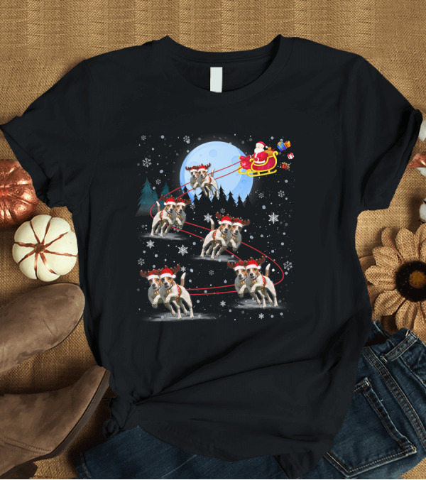 T-Shirt: Jack Russell Reindeer Pulling Santa Sleigh Under Moonlit Snowfall T-Shirt Jack Russell Reindeer Pulling Santa Sleigh Under Moonlit Snowfall T-Shirt