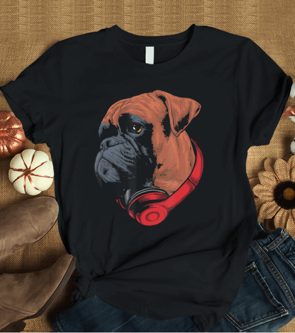 T-Shirt: Boxer Dog With Red Headphones Cool Gaming T-Shirt Boxer Dog With Red Headphones Cool Gaming T-Shirt