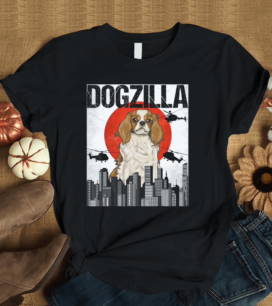 Funny Japanese Dogzilla Cavalier King Charles Helicopter City Skyline T-Shirt