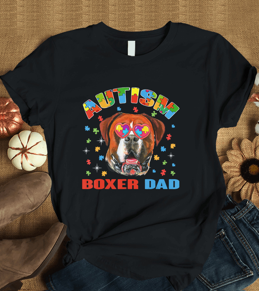 Autism Awareness Boxer Dog Dad with Heart Puzzle Glasses T-Shirt