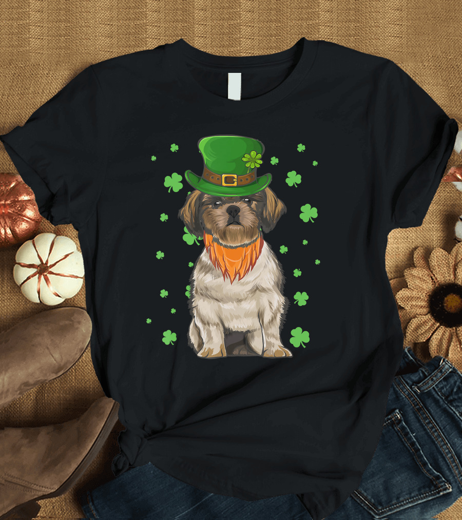 St Patricks Day Shih Tzu Dog with Green Hat and Shamrocks T-Shirt