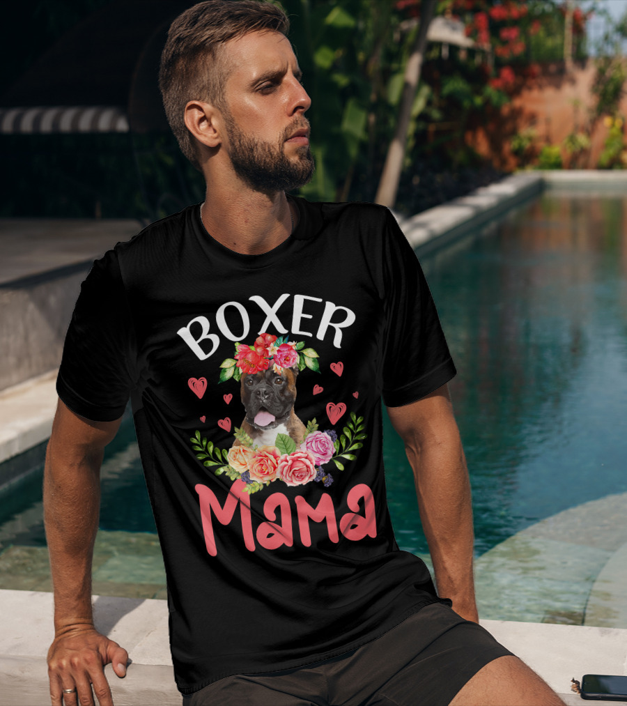 Boxer Mama Floral Dog Heart Blossoms T-Shirt