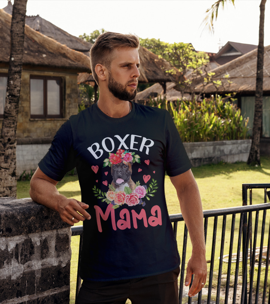 Boxer Mama Floral Dog Heart Blossoms T-Shirt