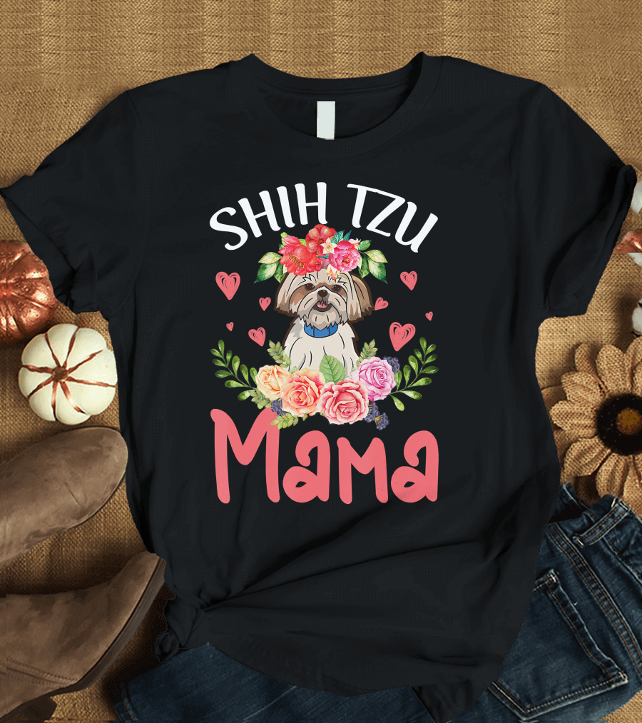 Shih Tzu Mama with Floral Heart Accents T-Shirt