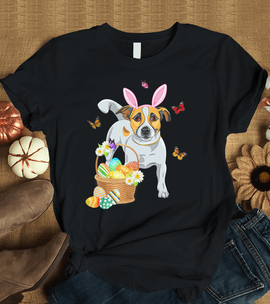 Cutes Jack Russell Bunny Ear with Butterflies and Easter Eggs in Basket T-Shirt