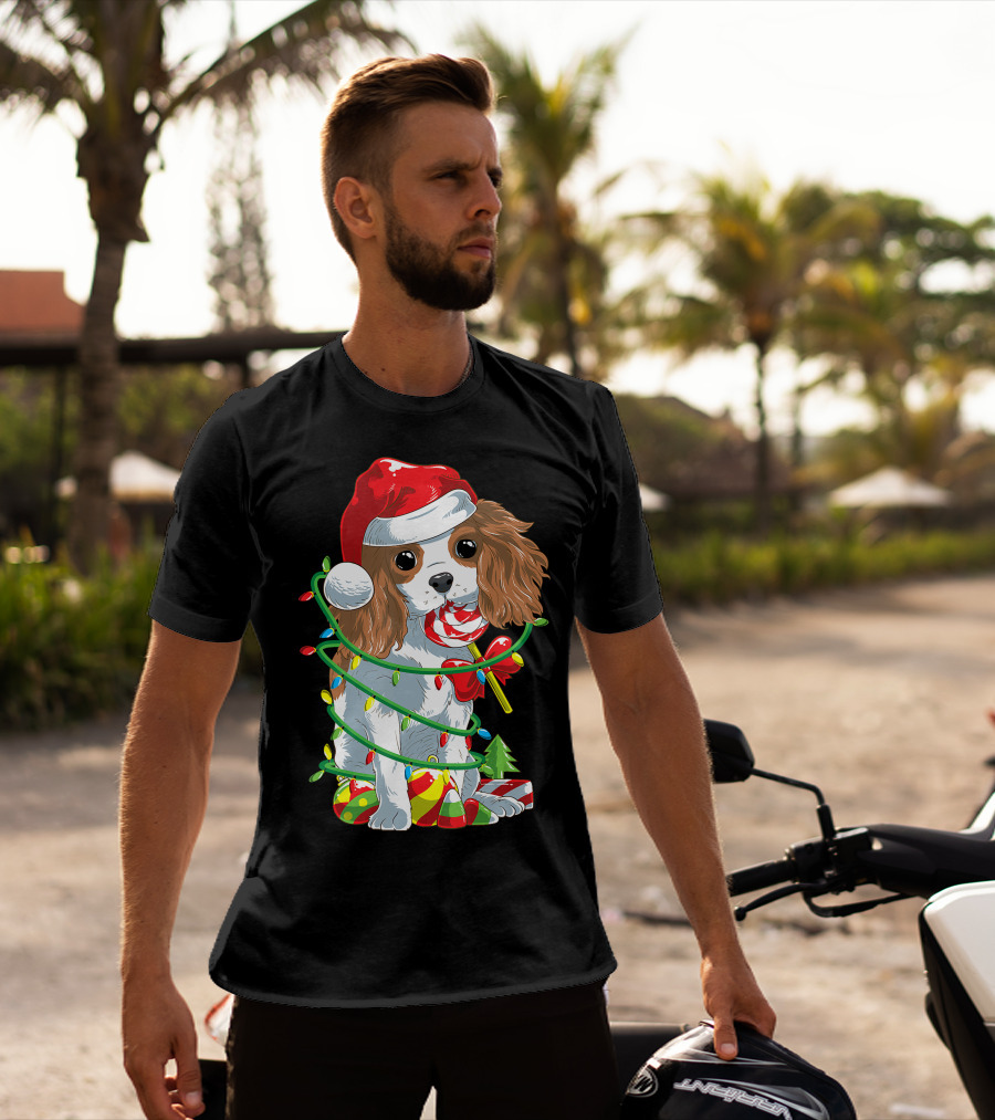 Cute Cavalier King Charles Spaniel Dog In Santa Hat With Christmas Lights And Candy Cane T-Shirt
