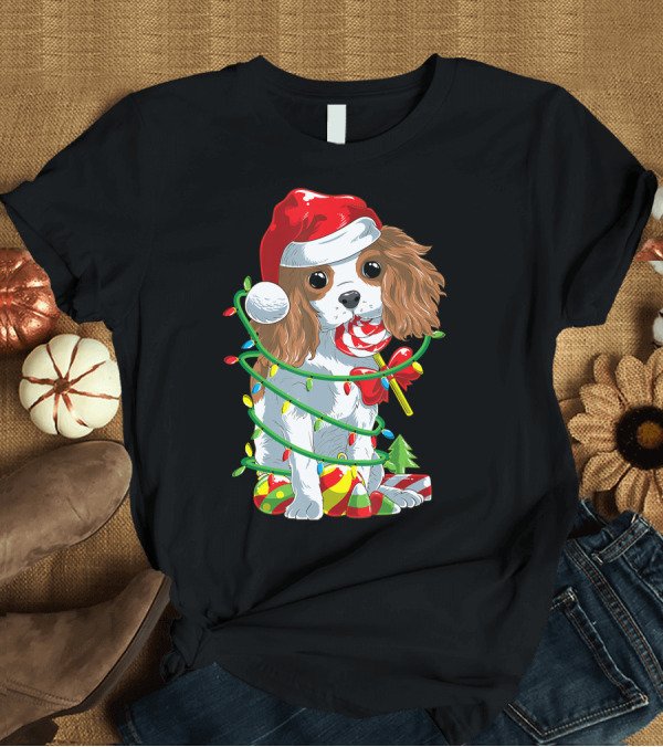 T-Shirt: Cute Cavalier King Charles Spaniel Dog in Santa Hat with Christmas Lights and Candy Cane T-Shirt Cute Cavalier King Charles Spaniel Dog in Santa Hat with Christmas Lights and Candy Cane T-Shirt